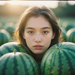analog close up frontal face portrait photography of a beautiful woman surrounded by watermelons by maxim nikolaev. vogue. kodak portra 8 0 0 film. ( depth of field ). whirl bokeh!!. golden hour. detailed. hq. realistic. warm light. muted colors. filmic. dreamy. lens flare. mamiya 7 ii, f / 1. 2, symmetrical balance, in - frame
