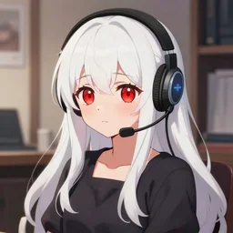 anime visual of a cute girl, with + ( ( red eyes ) ) + long white hair + ( ( wearing a headset in her room interior ) ), poster by ilya kuvshinov, pixiv, danbooru
