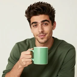 portrait of a ( ( ( una taza de cafe grande y verde ) ) ), ( ( guapo joven caliente zayn malik alegre ) ), lleno de nubes y magia, el sol, concept character, by greg rutowski and tezuka and oi and mucha and bierstadt and remington, trending on artstation
