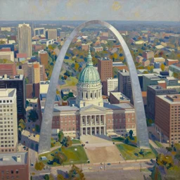 thick brush strokes impressionist painting of an aerial view of the st. louis arch, detailed