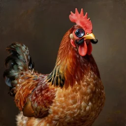a humanoid chicken butler with a fancy mustache and a monocle, highly detail, oil painting , accurate anatomy,