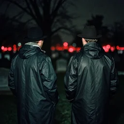 analog photograph of two men from the back wearing a raincoat and a hat in a cemetery at night by mark owen. red lights. bokeh. cinematic. hq. detailed. contrast. cinestill 8 0 0 t