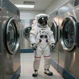 a beautiful photo of an astronaut waiting in an automatic laundry room, soft light, morning light, photorealistic, realistic, octane, 8k, cinematic shot
