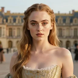 Sophie turner as Marie Antoinette in hall of mirrors in versailles, golden hour, clear makeup, clean hair, dry skin, clear skin, airbrushed, bright eye makeup, warrior body, photo by mario testino, 8k octane render, cinematic, hyper detailed, micro details, insanely detailed, trending on artstation, concept art