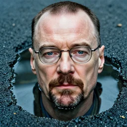 walter white's face on a as a puddle of water on a street, close up 8 k photograph new film water white