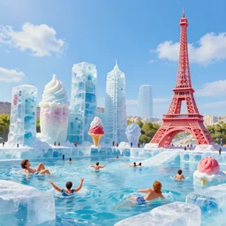 a funny painting of ice sculptures made of colorful melting icecream in the shape of the skyline of paris and 1 eiffel tower on a very bright sunny summer day, very hot and the ice is melting fast and people are swimming their way through the icecream in the style of james jean and fernando botero