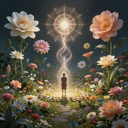 a dream flower garden environment where one draws mystical energy into their lives, background art, pristine concept art, small, medium and large design elements, in the style of WLOP and Ross Tran
