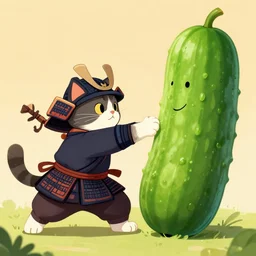 a cat dressed like a samurai fighting against a giant cucumber, digital art, artstation cgsociety masterpiece
