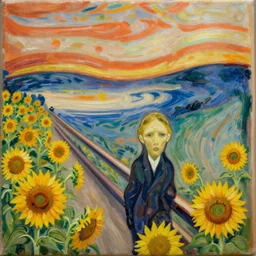 Sunflower fields hyperrealistic oil canvas 4k in the style of Edvard Munch