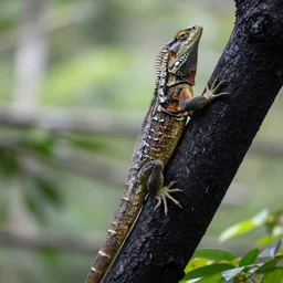 most colourful and giant lizard climbing a black tree