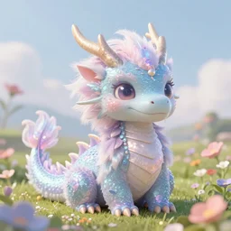 beautiful digital fantasy illustration of a closeup adorable giant fluffy feathered sparkling pearlescent pastel dragon sitting alone in a flower meadow, concept art by greg rutkowski, anato finnstark, and rebecca guay, highly detailed, soft lighting,Anton faadev, rendered in octane