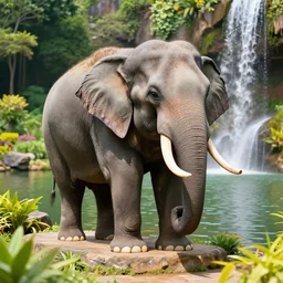 mythical elephant in front of a lake with gardens and waterfall vibrant highlights sharp contrast trending pixiv fanbox chiaroscuro by victo ngai james gurney makoto shinkai takashi takeuchi studio ghibli