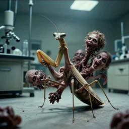 a scary filmic wide shot color ground level angle movie still 35mm film photograph of the full body of a dangerous 5 feet praying mantis creature, with multiple mutated snarling drooling human faces with a grotesque variety of human and animal limbs protruding from its lower torso inside a lab, in the style of nature documentary footage, The Thing 1982