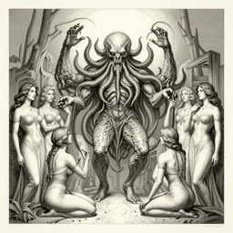 etching of cthulhu waking with a group of ladies, in the style of martin lewis