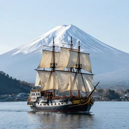 a color photograph of a ghost spanish galleon ship sailing in a lake. mount fuji in the background. realistic.