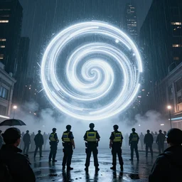 policemen protecting a huge spiral - shaped bright luminous attractor right in the center of the city from protesting people,, rain and light fog, professional lighting, concept art in 3 d, high detail, professional lighting, 8 k, unreal engine