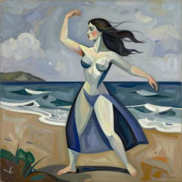 woman dances by the seashore as the wind howls all around, abstract surrealistic art in the style of cubism and georgia o keefe