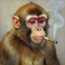 * * an oil painting portrait of a monkey smoking an e cigarette. close up. matte painting, hard edges, bold shapes. impressionism.