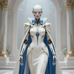 portrait of a cyborg, necromancer, benevolant, scifi, futuristic, elegant cape, intelligent, alien room background, white, blue, gold, highly detailed, trending on artstation, soft light, holy machine, advanced technology, art by vitaly bulgarov and nivanh chanthara