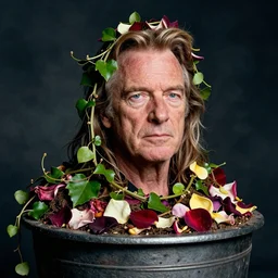 robert plant with vines and flower pedals for hair in a large potting container 4 k