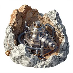 macro photography of the giant psychedelic magical machine embedded within the mountain,  sedimentary rock and marble, industrial machinery, pistons and valves,  super conducters, reactor circuits. Isometric geology illustration in the style of Luis García Mozos