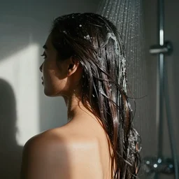women's hair stuck on the side of the shower.