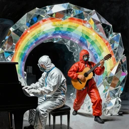 a scientist wearing a silver hazmat suit playing a piano and a scientist in a red hazmat suit playing a guitar, entering the geometric rainbow crystal dimensional gateway by frank frazetta