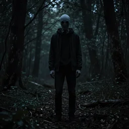 slenderman standing in a dark ominous forest, creepy, scary, realistic, photorealistic, found footage, dark, night, ambience, shadows, dim