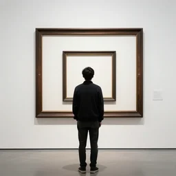 person seen from behind standing in an empty gallery contemplating over a frame hanging at the opposite wall, photo taken with provia 1987 getty images stock photography