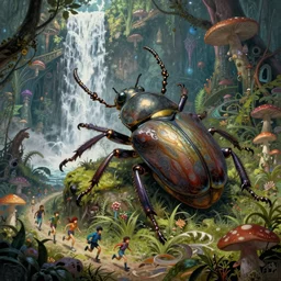 realistic attack of a giant beetle with few element of alien cyberpunk armor in a crazy alien jungle forest, huge waterfall, tiny humans running, mushrooms, by moebius, alphonse mucha, ayami kojima, amano,, greg hildebrandt, and mark brooks, art nouveau, cyberpunk, neo - gothic, gothic, character concept design,