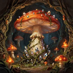in the underground firefly cave, there is a giant mushroom demon body inlaid with crystals and wrapped by vines, trending on artstation, illustrated by greg rutkowski, 4 k digital art, intricately detailed