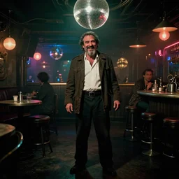 the full - body shot of grinning drunk wrinkled unkempt detective ( ( ( joaquin phoenix ) ) ) with mutton chops beard worn in jacket and white shirt in dark steampunk fallout disco bar, cinematography of christopher doyle, frostpunk, neon gloomy light, discoball reflections, anamorphic, optical flares, kodak film, insanely detailed, 8 k