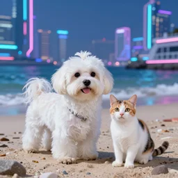maltese dog and calico cat on a cyberpunk beach
