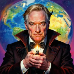 A psychedelic portrait of evil demonic jeff bezos holding lighter below 🌎, vibrant color scheme, highly detailed, in the style of romanticism, cinematic, artstation, Moebius, Greg rutkowski