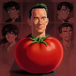 tom hanks as a tomato, his skin is red with leafy green hair, animation, dramatic lighting, tom hanks tomato body, shaded lighting poster by magali villeneuve, artgerm, jeremy lipkin and michael garmash, rob rey and kentaro miura style, trending on art station