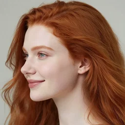 close up highly detailed portrait of a beautiful!!! pale girl with flowing red hairs, sideview!!!, side view, sweet smile, beautiful eyes. by greg rutkowski and gaston bussiere and craig mullins and j. c. leyendecker, hd