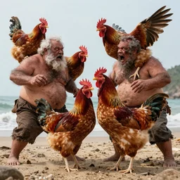 photo, old men, two hairy fat ugly fight huge chickens 4 0 1 2 7 on a beach, highly detailed, scary, intricate details, volumetric lighting, front view