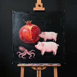 painting of a black painted canvas on an easel in a dark room with black walls, pomegranate, pig, pork, octopus, diamonds, minimalist, oil on canvas