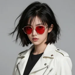 short messy black hair girl wearing red sunglasses and a white white leather jacket!! fire emblem, art by artgerm and greg rutkowski and magali villeneuve, portrait, d & d, fantasy, highly detailed, digital painting, trending on artstation, concept art, sharp focus, illustration
