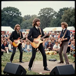 lemmy killmister playing with the beatles in an outdoor festival in 1 9 7 2, fuji film scratched, old photo, audience extatic