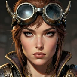 head and shoulders portrait, female artificer, gray eyes, welding goggles on forehead, d & d, steampunk, by donato giancola, facial detail, extremely detailed, comic book cover photo
