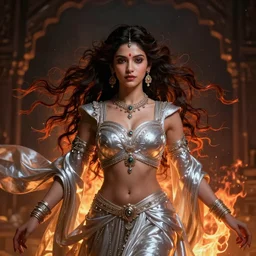 Portrait painting of a beautiful indian princess born of fire, stunning 3d render inspired art by P. Craig Russell and Barry Windsor-Smith + perfect facial symmetry + dim volumetric lighting, vibrant dark wavy hair, ornate flowing silvered robes, dizzy, full body, 8k octane beautifully detailed render, post-processing, extremely hyperdetailed, intricate, epic composition, grim yet sparkling atmosphere, cinematic lighting + masterpiece, trending on artstation, very very detailed