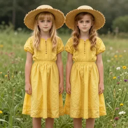 anya taylor - joy emma watson, symmetrical front view, blond fringe, straw sun hat, full body shot, yellow tunic dress, meadow background, highly detailed, digital painting, artstation, concept art, sharp focus, illustration, art by aleksi briclot, raphael lacoste, magali villeneuve