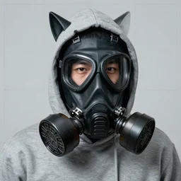 detailed 6 0 0 mm realistic photography of asian guy wear coolest grey hoodies and black wolf gasmask focuses on the nuances of the human face and subtle shifts in tonal value, silhouette composition, neutral, cool - toned palette, fluid patterns, powerful composition, opaque paints, grid method.