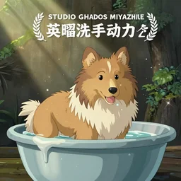 a sheltie taking a bath, by studio ghibli, by hayao miyazaki, beautiful anime
