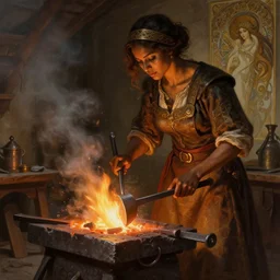 female blacksmith working on her forge, deep focus, d & d, fantasy, intricate, elegant, highly detailed, digital painting, artstation, concept art, matte, sharp focus, illustration, hearthstone, art by artgerm and greg rutkowski and alphonse mucha