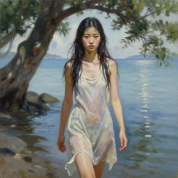 oil painting by ilya kuvshinov,, baugh casey, artgerm craig mullins, coby whitmore, of a youthful japanese girl, long hair, wet sundress walking along the coast, highly detailed, breathtaking face, studio photography, noon, intense bounced light, water reflection, large tree casting shadow, serine intense sunlight in the style of zack snyder