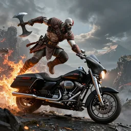 kratos, with leviathan axe, jumping a black harley - davidson motorcycle off a cliff, cinematic render, playstation studios official media, god of war 2 0 1 8, flames