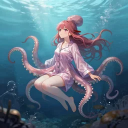 octopus priestess in pajamas, underwater, fantasy, digital painting, pixiv