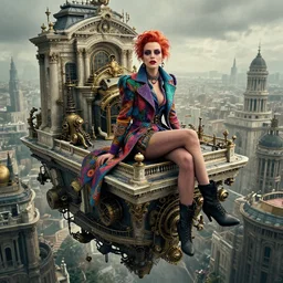 movie closeup portrait the amazing floating neoclassical city, fantasy, steampunk, a colorful fashion icon is sitting on the top of a roof. intricate, amazing composition, gloomy by emmanuel lubezki
